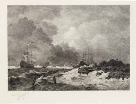 版画 Huet - La tempête (The Storm) [with] Brisants, Granville (Breakers, Granville)