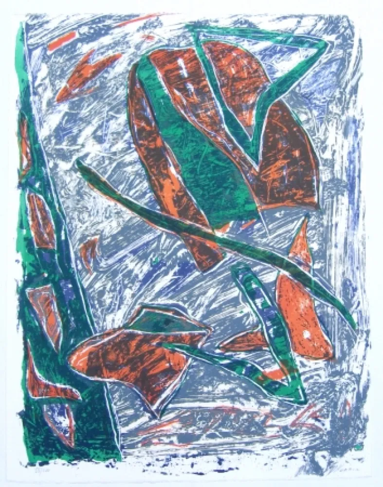 石版画 Humair - Composition verte et rouge