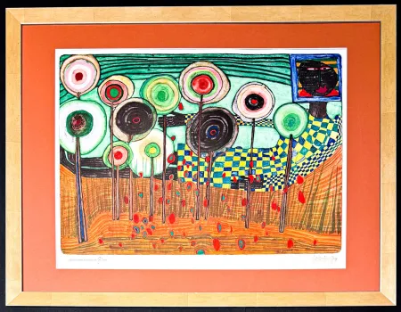 石版画 Hundertwasser - Black girl finding in the blue mountains of the kingdom of the toros