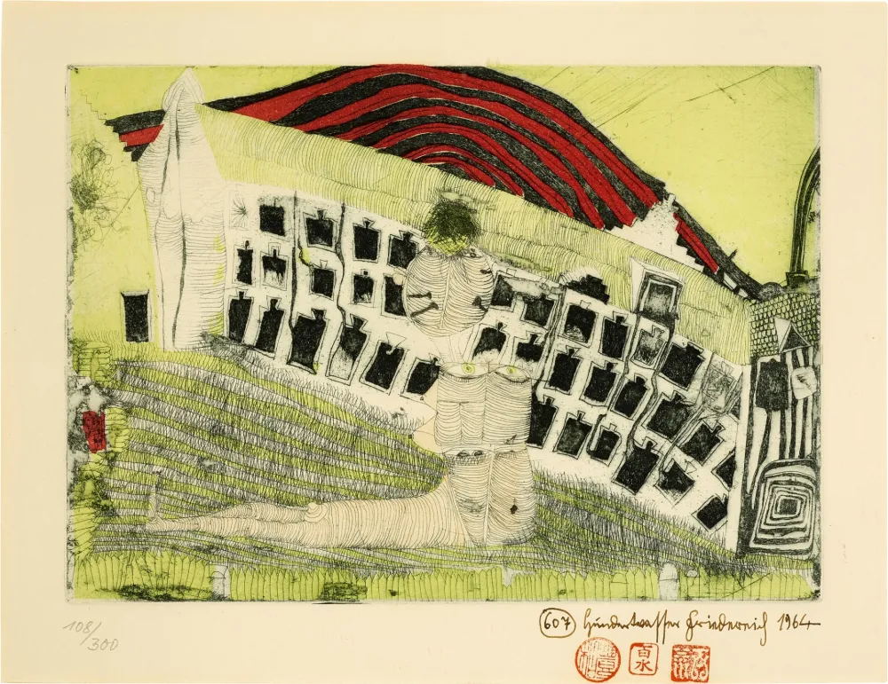 石版画 Hundertwasser - Mädchenfund im Gras (Girl found in the Grass)