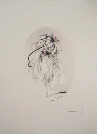 版画 Icart - Jeune femme au chapeau paré de roses