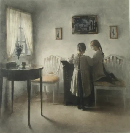 美柔汀铜版画 Ilsted - Two little Girls playing