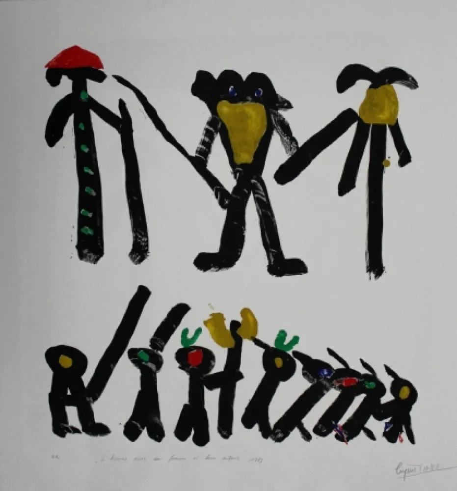 石版画 Ionesco - L'homme avec deux femmes et leurs enfants