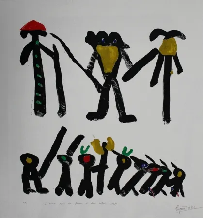 石版画 Ionesco - L'homme avec deux femmes et leurs enfants