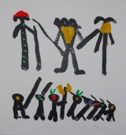 石版画 Ionesco - L'homme avec deux femmes et leurs enfants