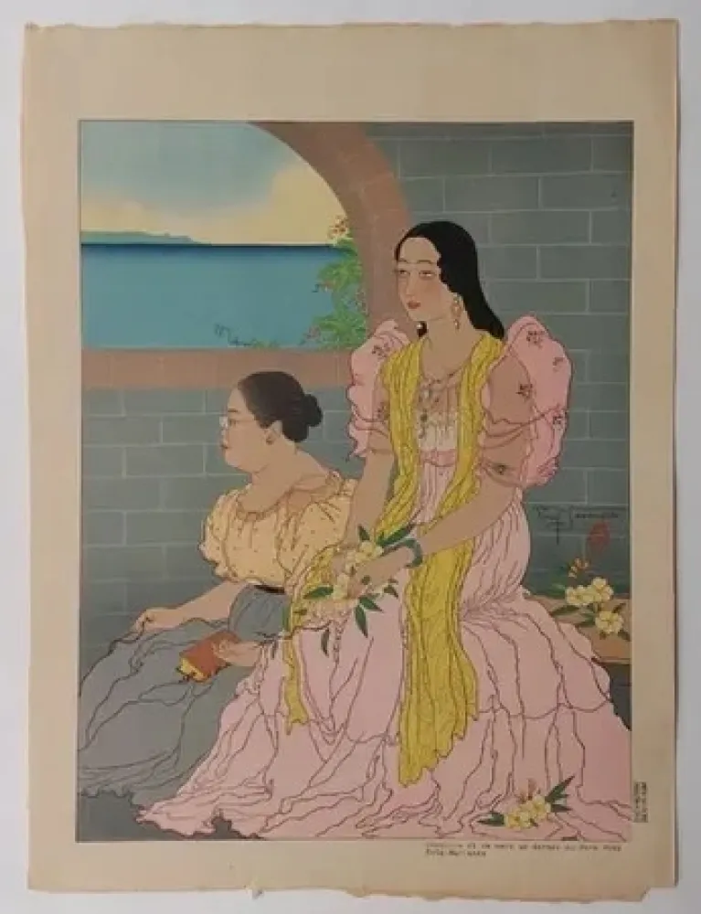 油毡版画 Jacoulet - Oaquina  et sa mère  ...  (Décembre  1947)