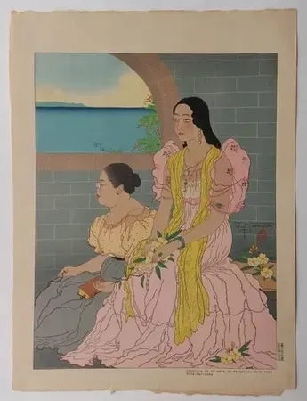 油毡版画 Jacoulet - Oaquina  et sa mère  ...  (Décembre  1947)