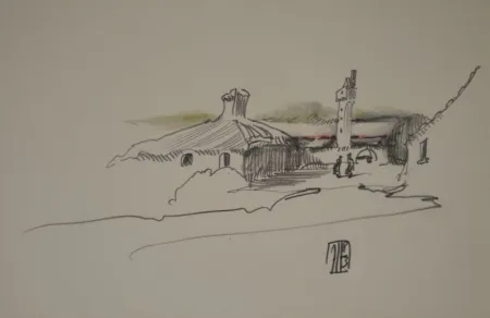 无技术 Janssen - (Nordische Landschaft mit Gebäuden, Turm und zwei Personen)