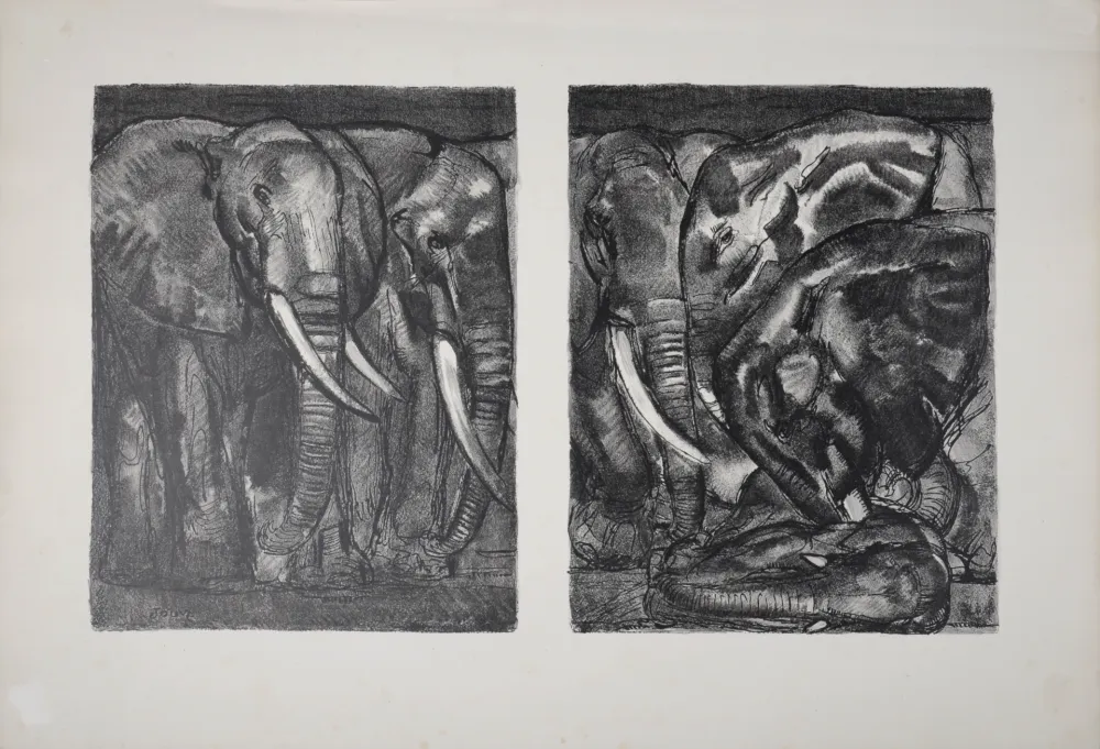 石版画 Jouve - Elephants