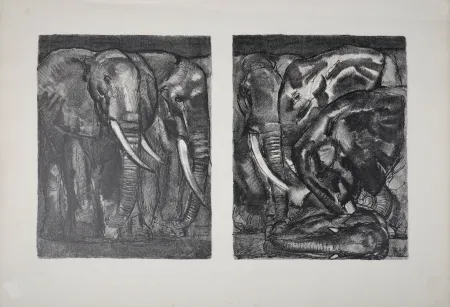 石版画 Jouve - Elephants