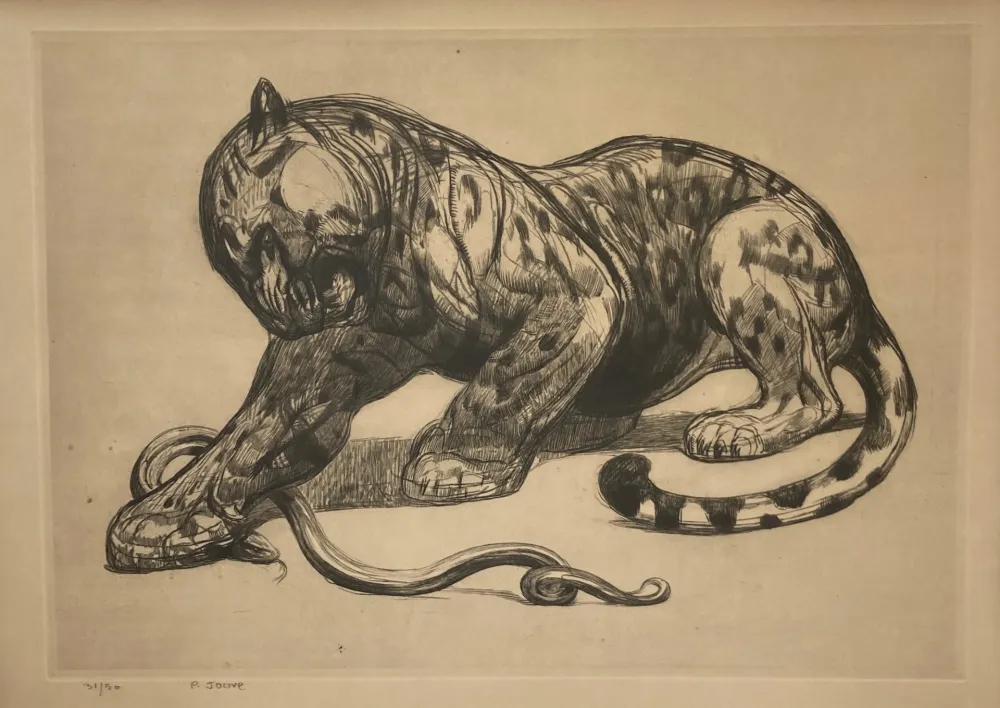 版画 Jouve - Jaguar et serpent