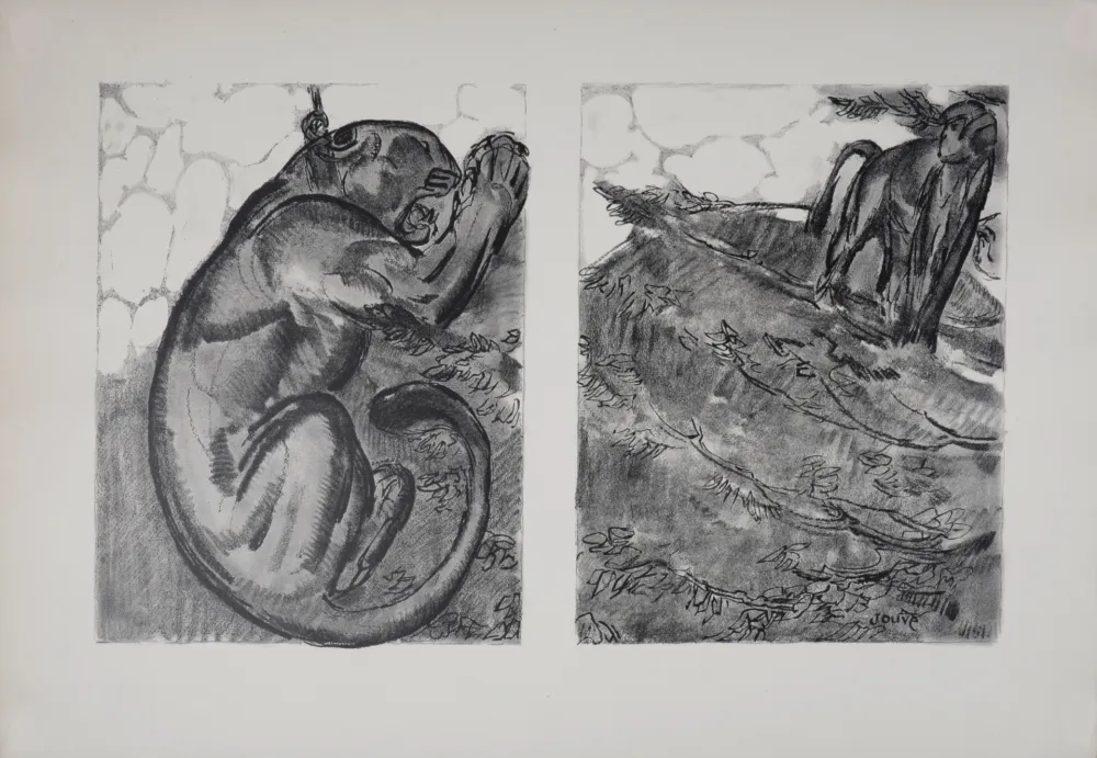 石版画 Jouve - Panthère et Singe