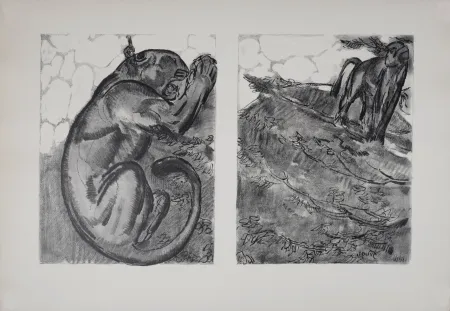 石版画 Jouve - Panthère et Singe