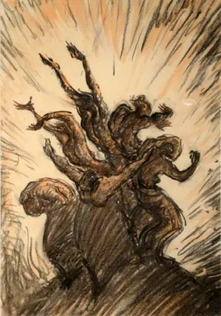 单版画 Junghanns - Vor Lichterscheinung fliehende Menschengruppe