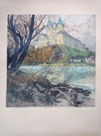 蚀刻飞尘法 Kasimir - Luigi Kasimir, View from Vienna - Melk Abbey - Handcoloured Etching, 1920s