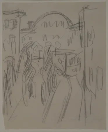 无技术 Kirchner - (Bahnhof Friedrichstrasse mit Radfahrern, Passanten und Strassenbahn)