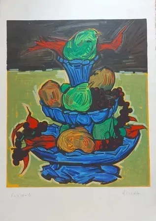 石版画 Kischka - Nature morte au compotier bleu (1972)