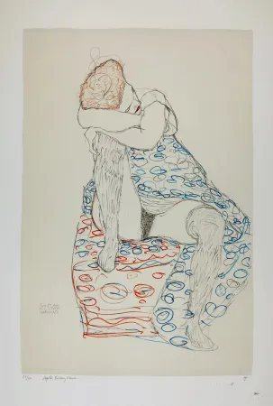 石版画 Klimt - La  fille aux bas de soie assise sur le tabouret, 1910 / Sitzende mit gerafftem Rock / Seated Female Semi-Nude in Patterned Dress, Her Head Resting on Her Right Knee
