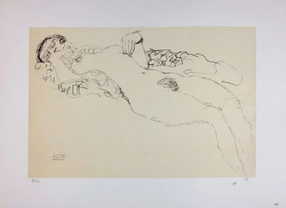 石版画 Klimt - Liegender Mädchenakt nach links / Reclining female nude facing left - 1914