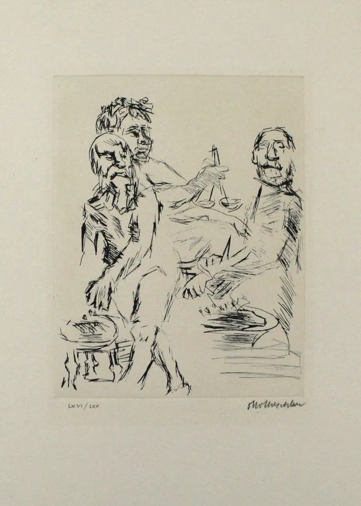 干刻版画 Kokoschka - Dionysos, Aischylos und Euripides opfern vor dem Wettkampf