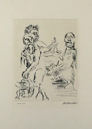 干刻版画 Kokoschka - Dionysos, Aischylos und Euripides opfern vor dem Wettkampf