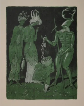 石版画 Kreidolf - Brautwerbung. Käfer-Ritter, von einem Zwerg begleitet, wirbt mit einer Kette um das Akelei- und Rapunzel-Fräulein. 