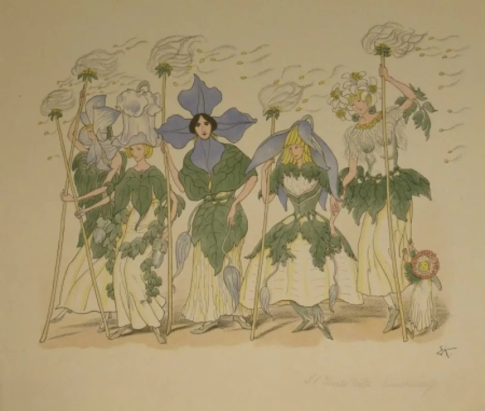 石版画 Kreidolf - “Clematis“. Fünf Clematis-Frauen und Margaritenkind