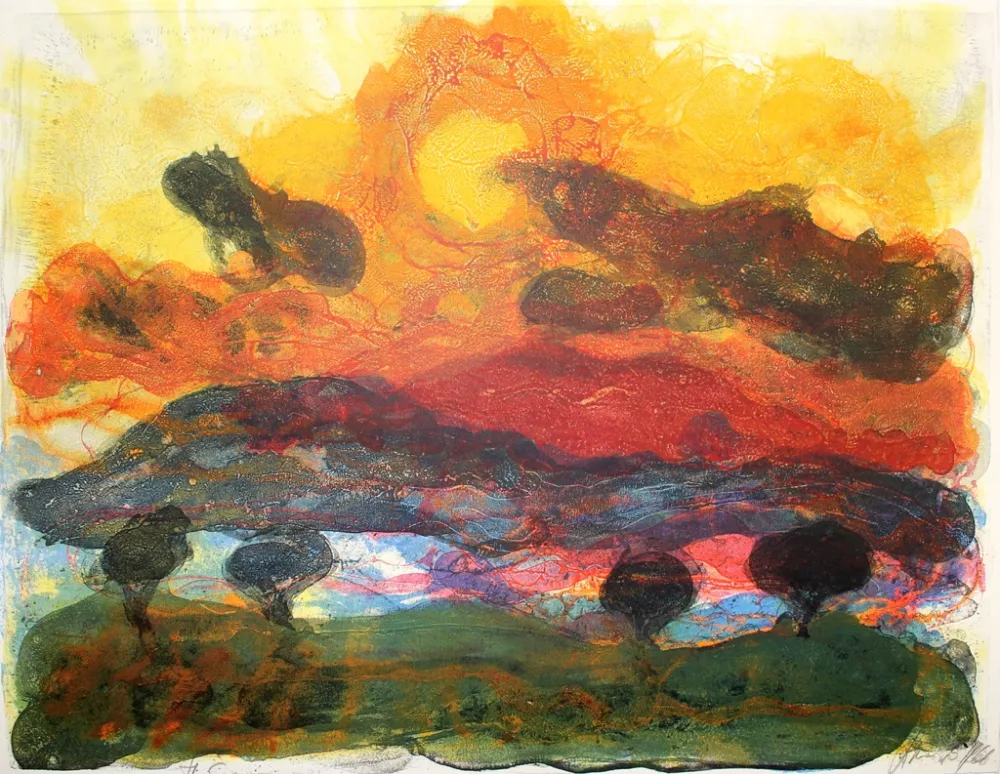 石版画 Kruck - Landschaft mit Pinen