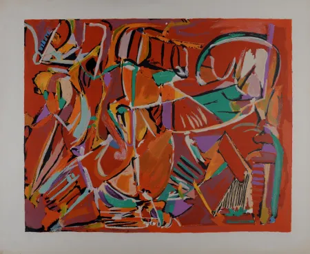 石版画 Lanskoy - Composition sur fond rouge, circa 1968 - Hand-signed