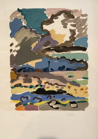 石版画 Lapicque - Balise et rochers