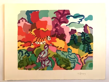 石版画 Lapicque - Chasse au tigre