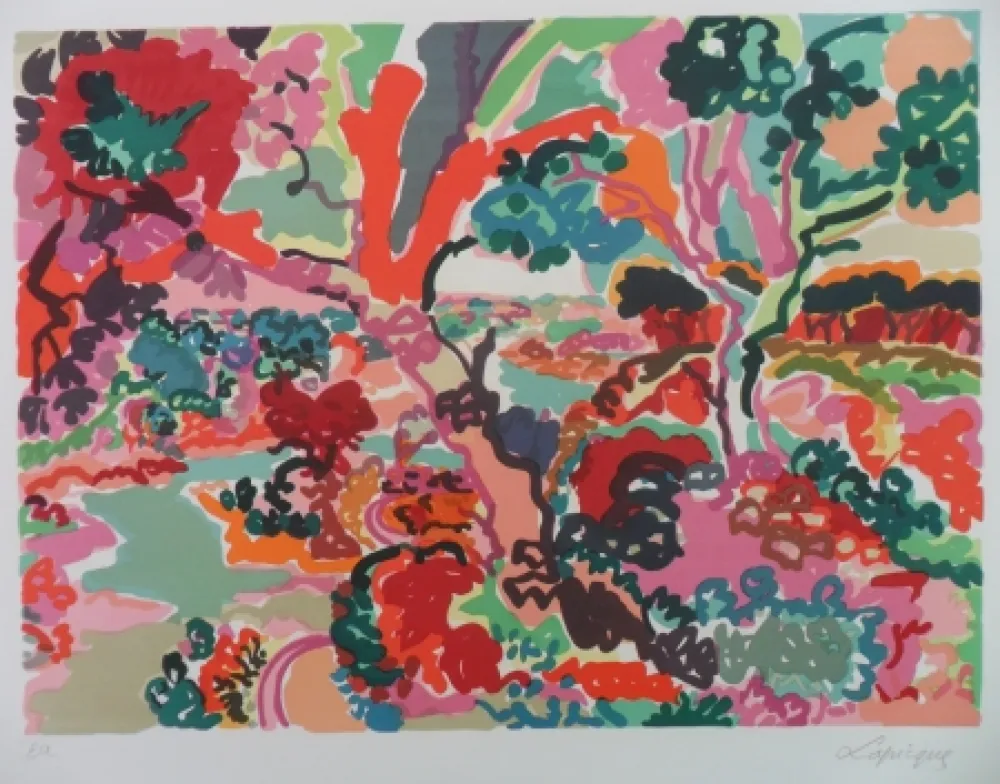 石版画 Lapicque - Foret au bord du Trieux