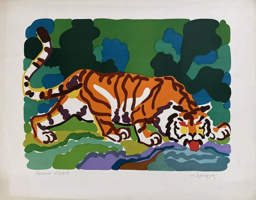 石版画 Lapicque - Tigre buvant