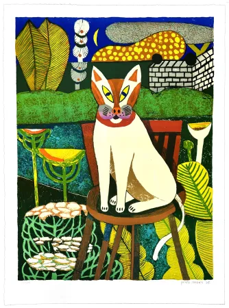 石版画 Larsen - Le chat dans le jardin