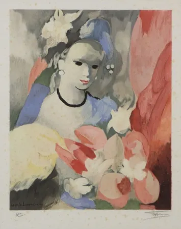 石版画 Laurencin - Femme au bouquet de fleurs