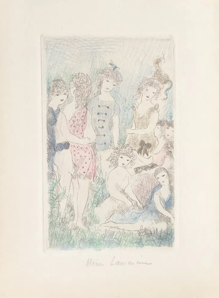 版画 Laurencin - Huit filles dans un pré