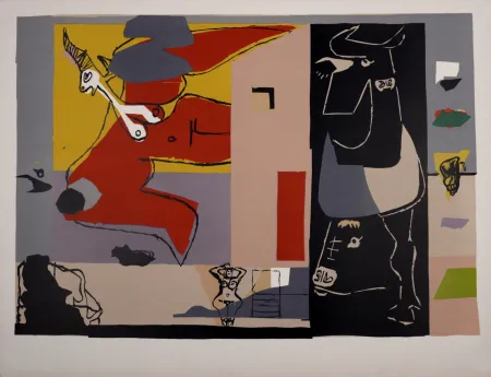 石版画 Le Corbusier - Femme Unicorn et taureau noir (licorne ailée), 1960