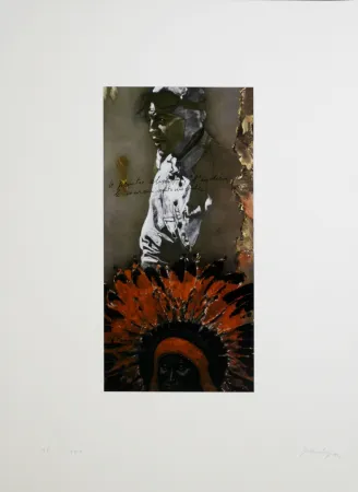 石版画 Le Gac - Le peintre absent, l'indien et le coureur automobile, 1995