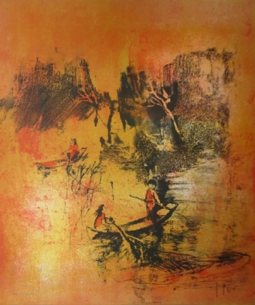 石版画 Lebadang - Maison sur eau