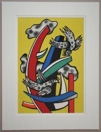 石版画 Leger - Composition aux deux oiseaux sur fond jaune, 1955