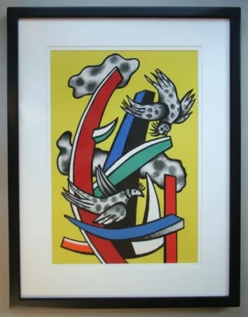 石版画 Leger - Composition aux deux oiseaux sur fond jaune, 1955