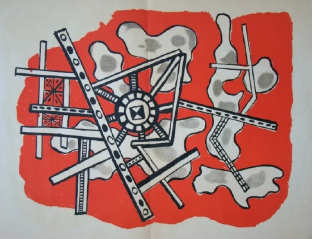 石版画 Leger - Construction sur fond rouge
