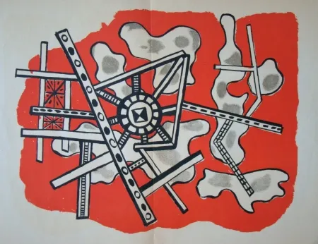 石版画 Leger - Construction sur fond rouge