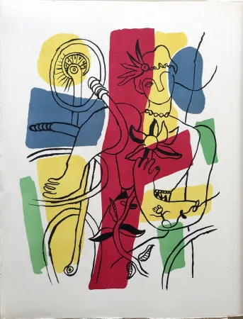 石版画 Leger - LA CYCLISTE AU TOURNESOL (Frontispice du Cirque. 1950)