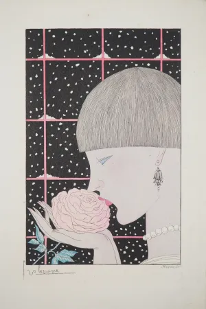 版画 Lepape - Art déco, Jeune femme à la rose