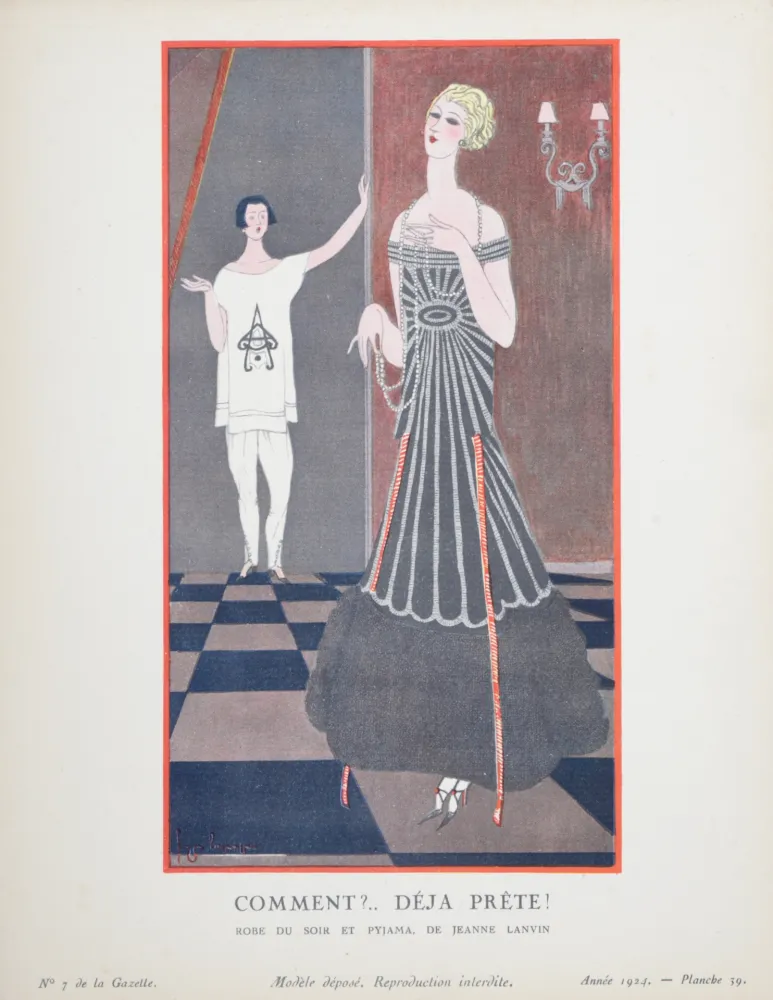 镂版印刷 Lepape - Comment ? Déjà prête ?, Robe du soir et pyjama de Jeanne Lanvin, 1924