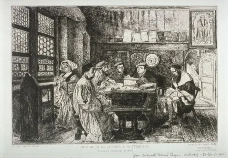 版画 Leys - La lecture chez Luther
