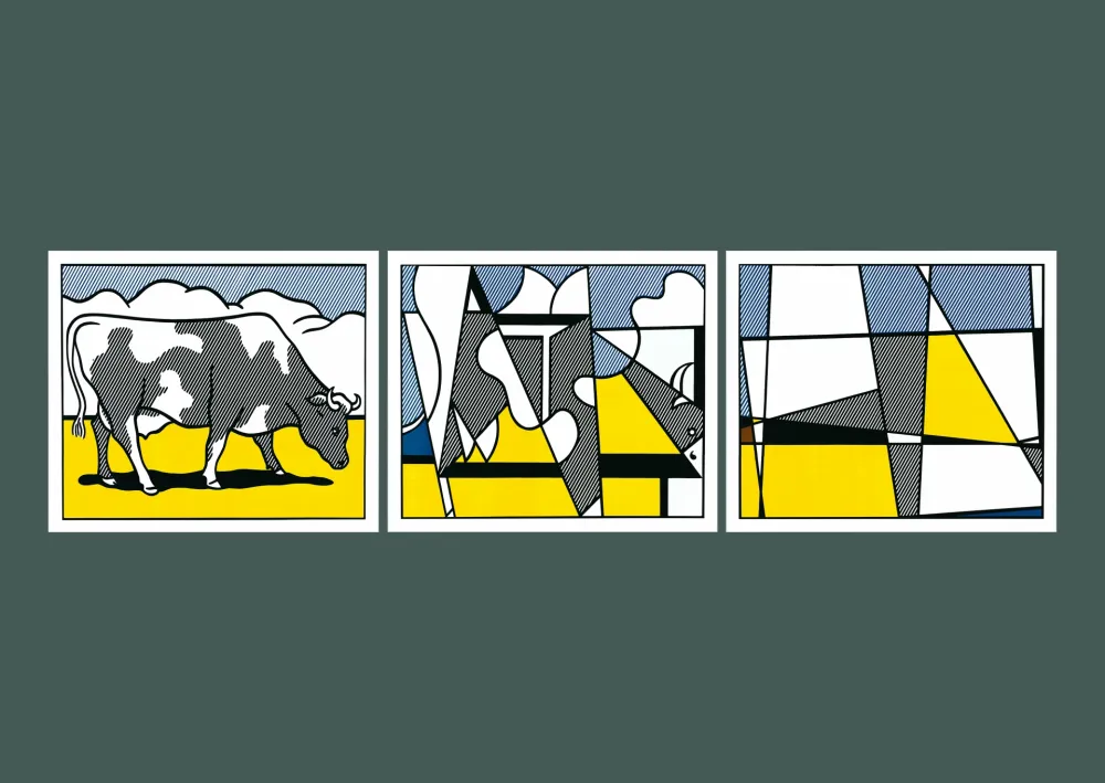 石版画 Lichtenstein - 'Cow Going Abstract' 1982 Offset-lithograph Triptych Set