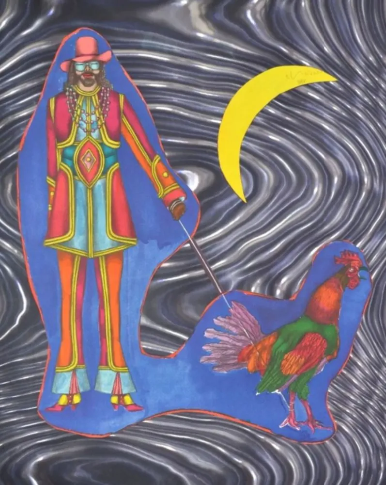 石版画 Lindner - Man Walking a Rooster