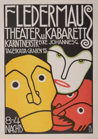 石版画 Löffler - Three Masks, Fledermaus Theater and Cabaret, 1907